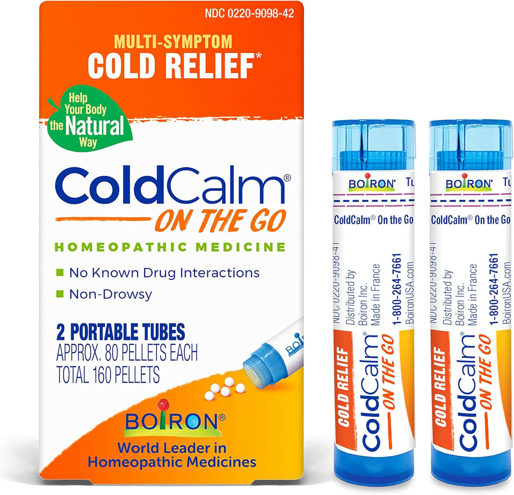 Boiron ColdCalm On The Go package front view showing homeopathic cold relief pellets