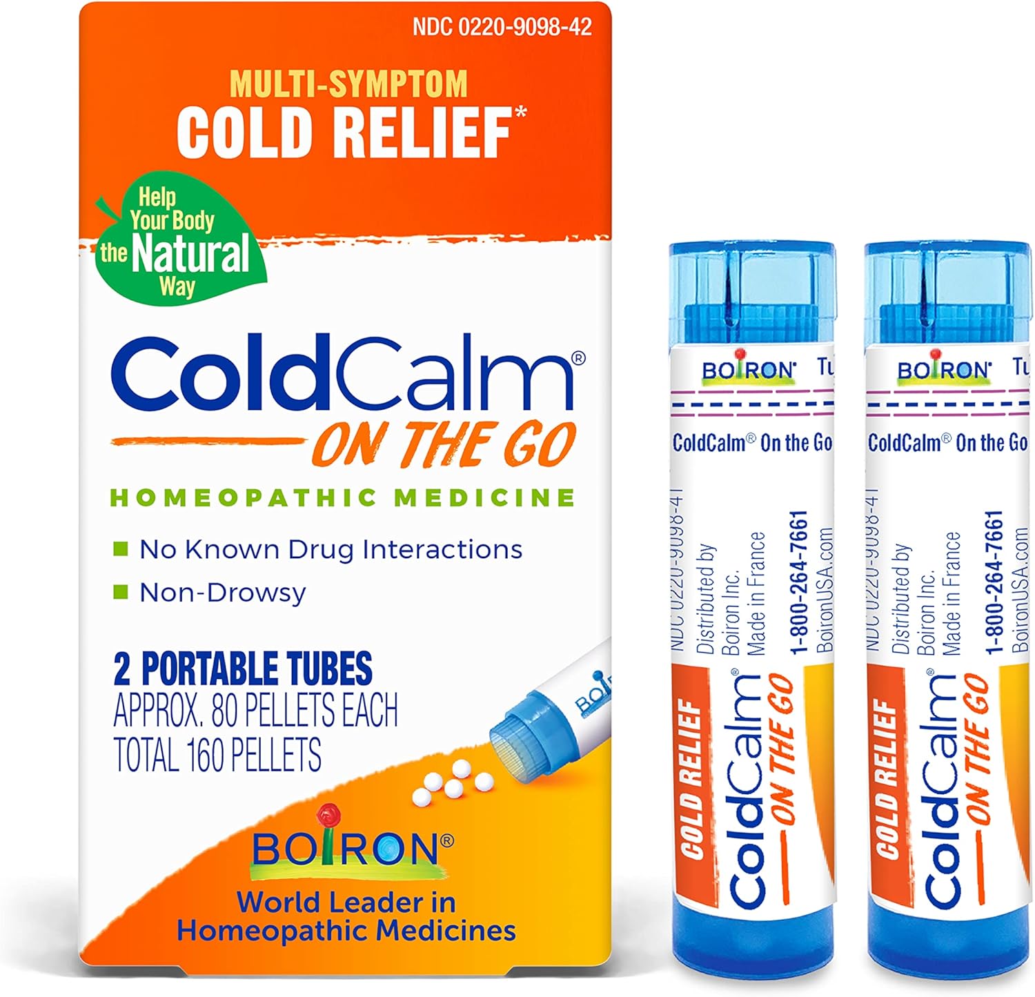 Boiron ColdCalm On The Go package front view showing homeopathic cold relief pellets