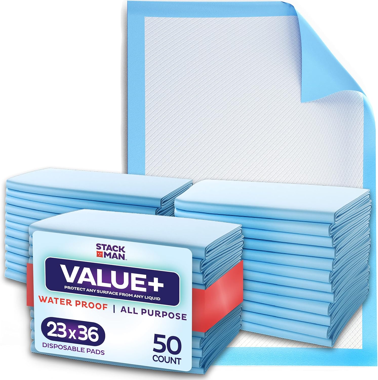 Stack Man disposable incontinence underpads fifty pack front packaging view