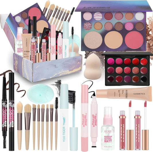 LAZORA all in one makeup kit front view showing open eyeshadow palette and cosmetic bundle