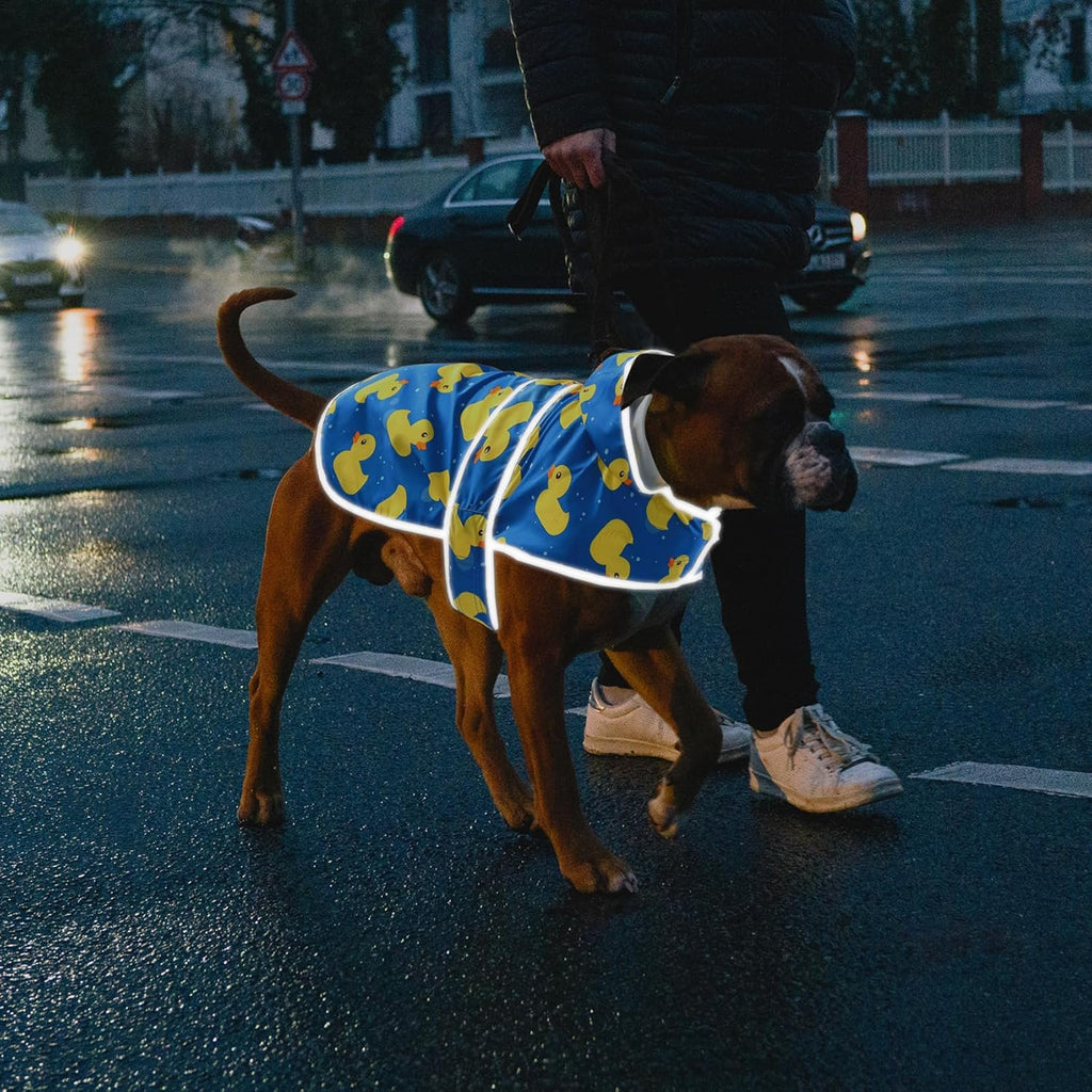 Durable polyester dog raincoat under heavy water testing