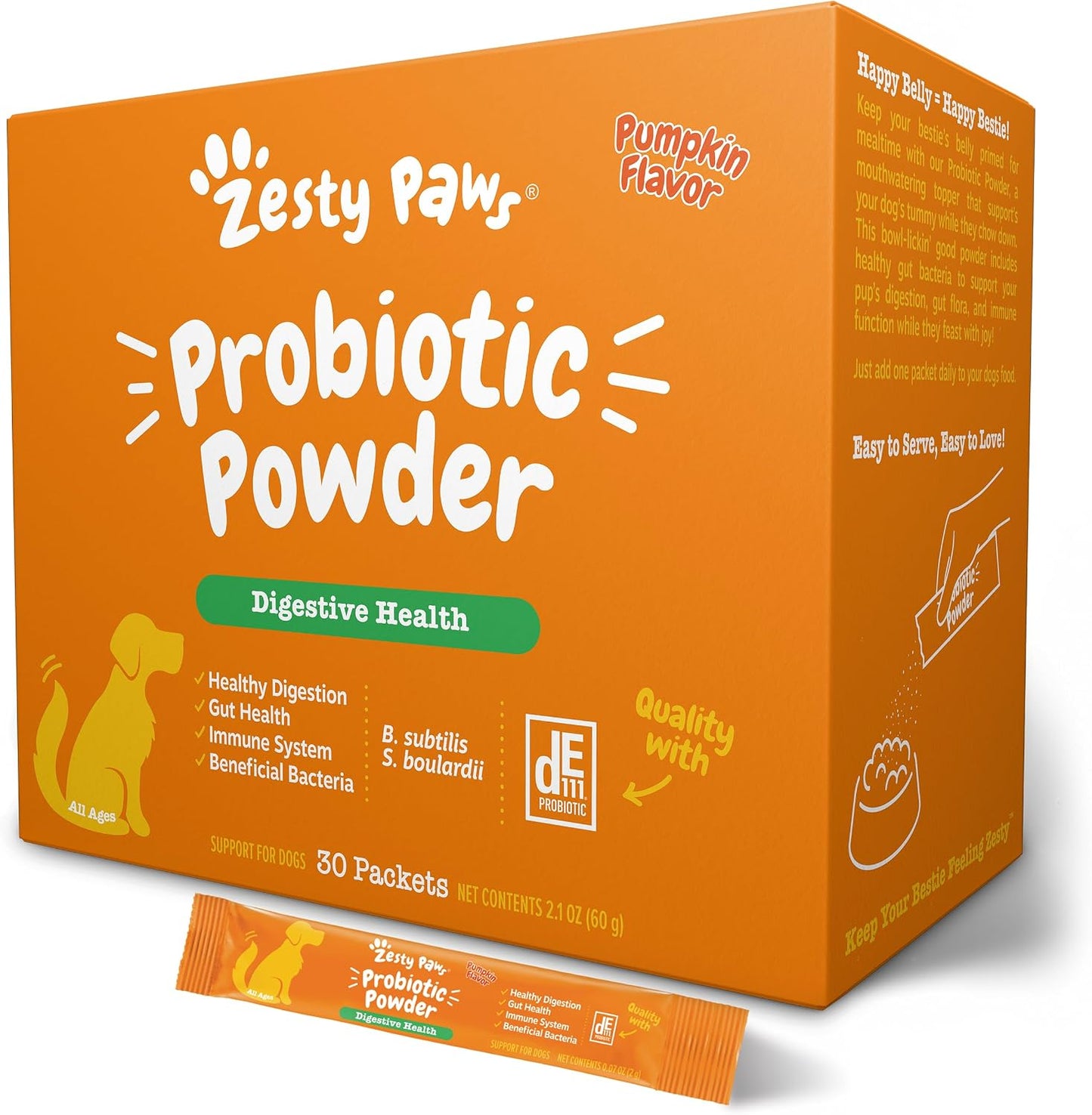 Back label view of Zesty Paws cat probiotic powder listing clean ingredients.