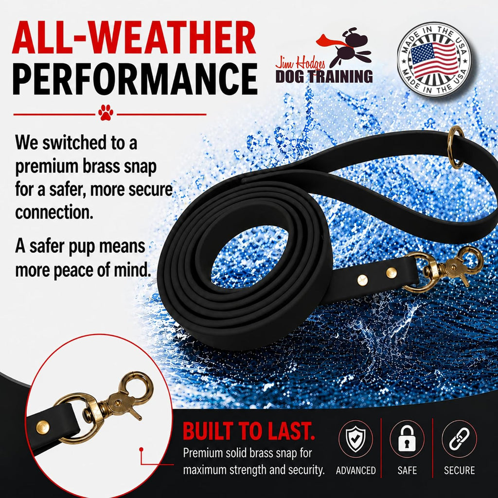 Jim Hodges heavy duty Biothane dog leash black color variant handle view with brass O-ring