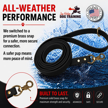 Jim Hodges heavy duty Biothane dog leash black color variant handle view with brass O-ring