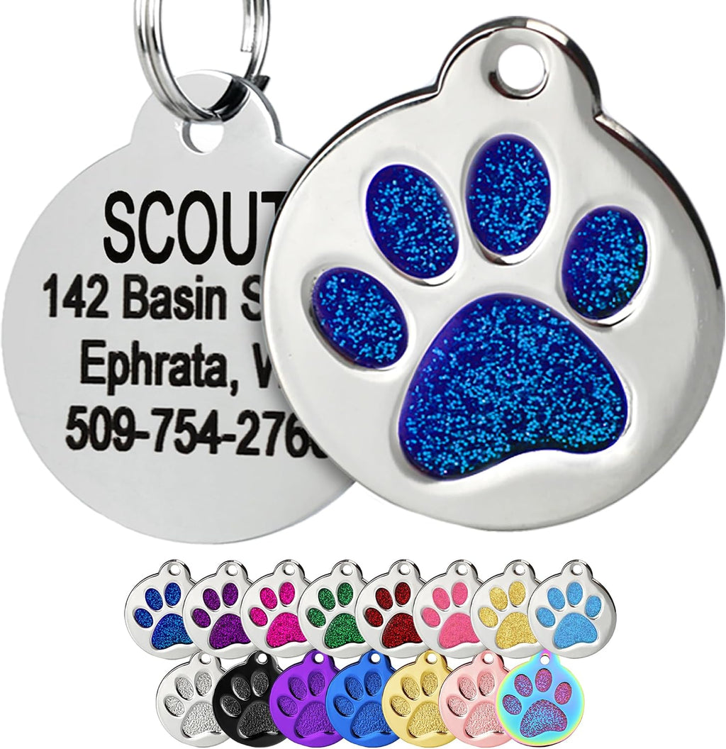 GoTags Paw Print Round Stainless Steel Pet Tag front view showcasing the shiny blue glitter paw print design.