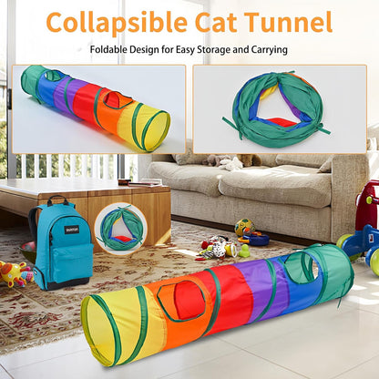 Collapsible rainbow pet toy folded flat demonstrating its space-saving storage feature.