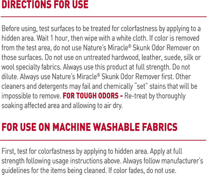 Nature's Miracle Skunk Odor Remover directions for use on back label