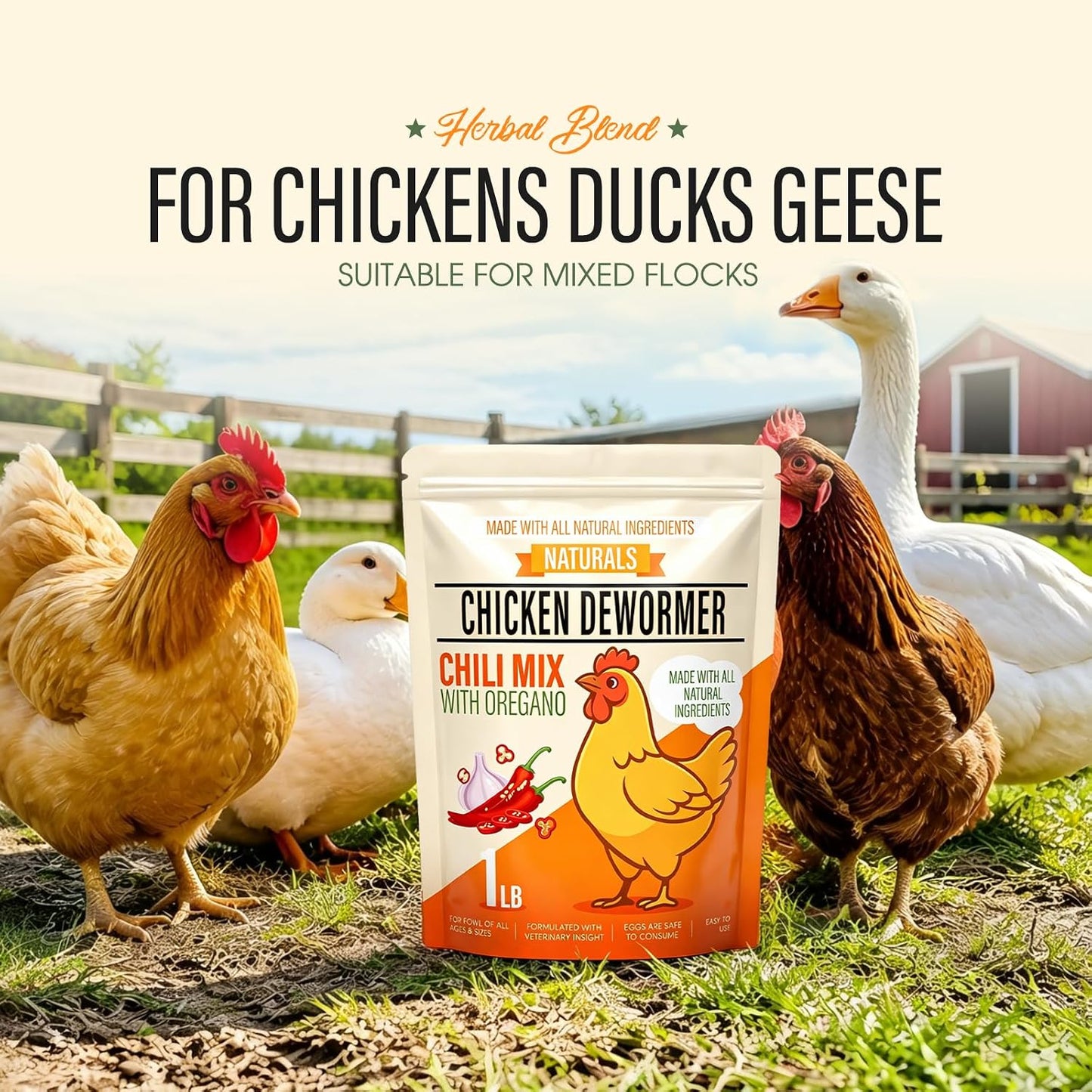 Natural chicken dewormer powder mix with organic ingredients close up view.