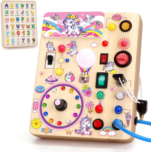 Grarain Unicorn Busy Board front view showing colorful LED lights and switches for toddler sensory play.