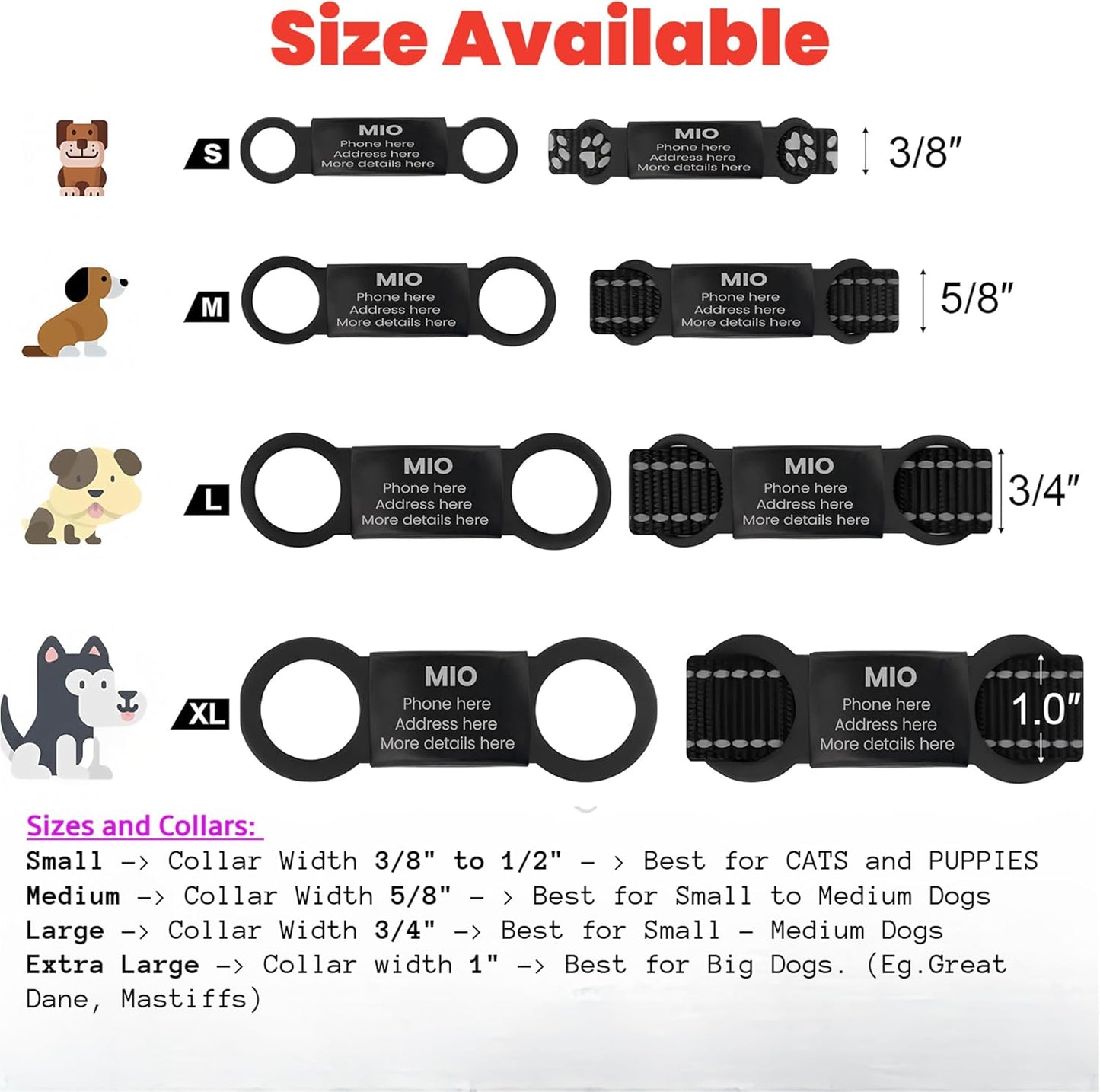 Mio Crafts soundless dog tag assembly detailing the durable black silicone bands attached to the stainless steel engraving plate
