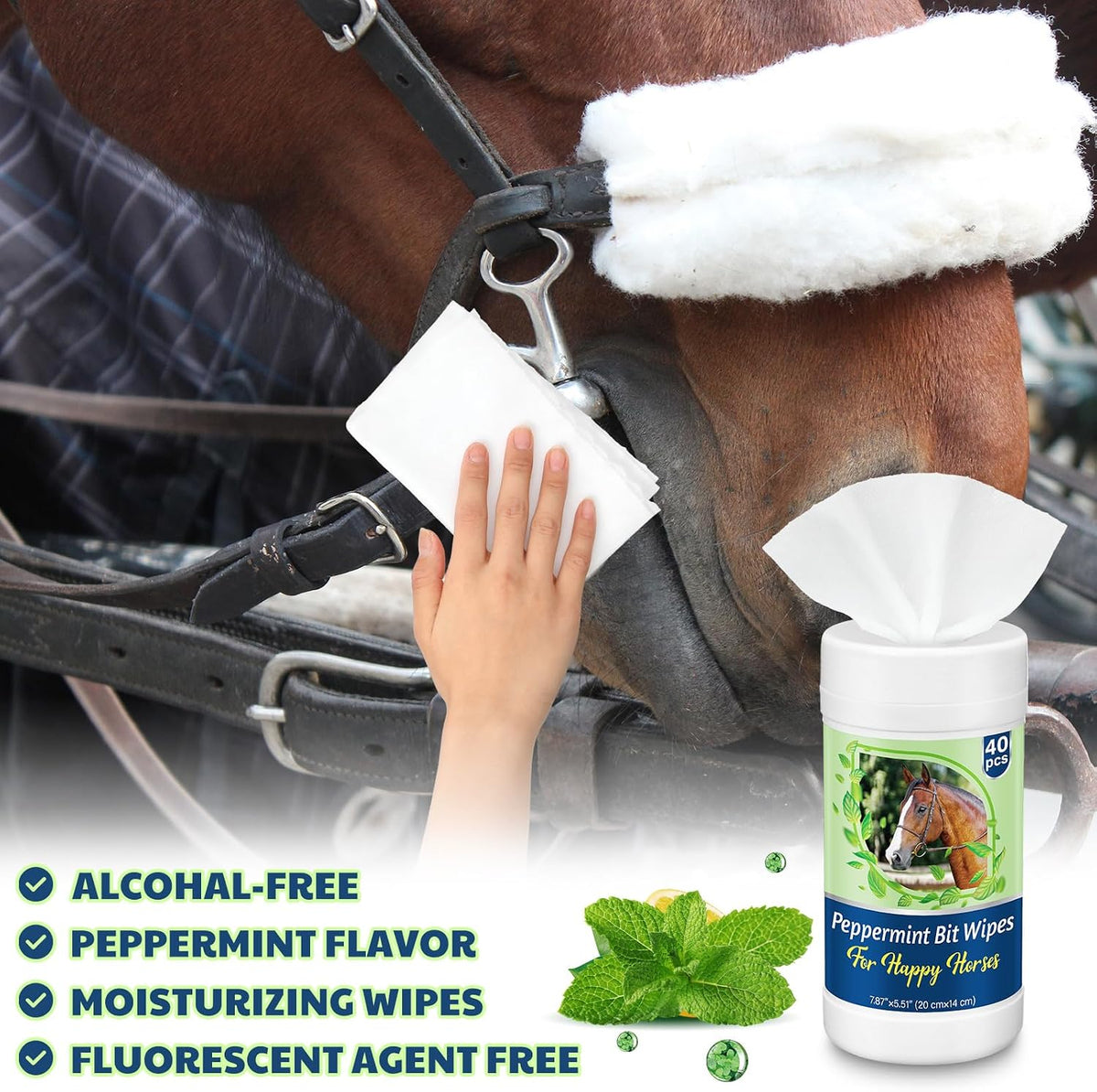 Peppermint flavored non woven fabric horse bit cleaner wipe details