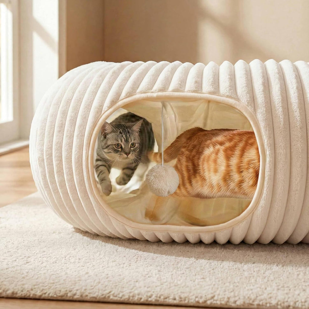 Collapsible cat play tube with forty pieces interactive kitten toys scattered around the plush central mat
