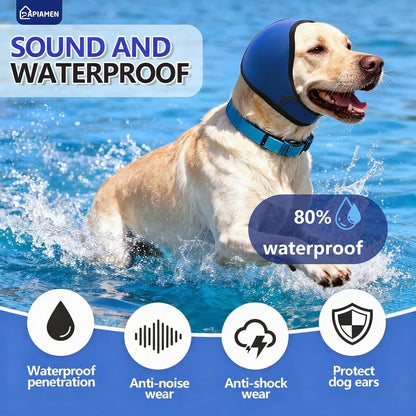 Large blue dog snood wrap being used for noise protection during fireworks.