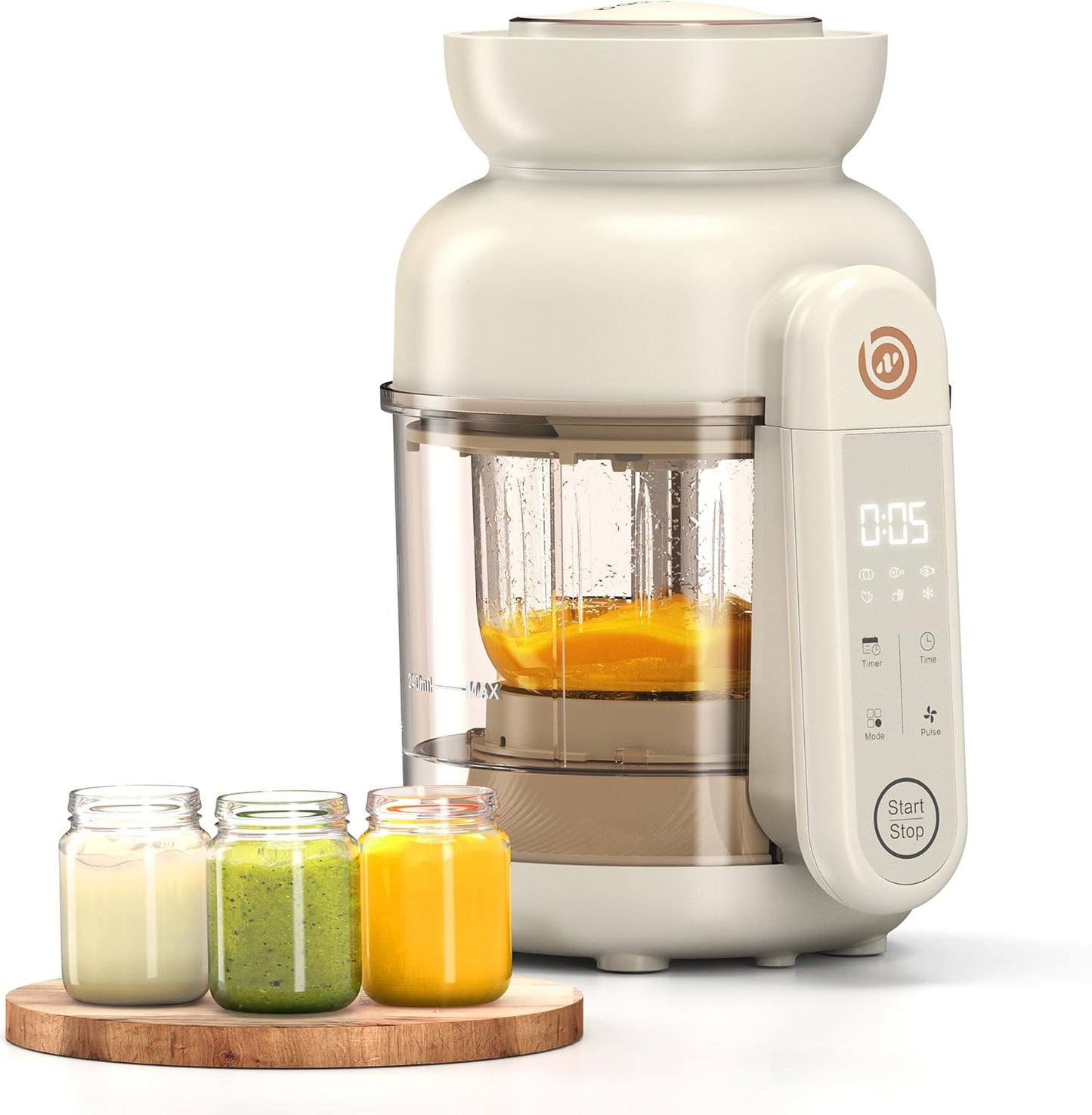 BABYNUTRI auto baby food maker front view ivory color showing digital touch screen display.