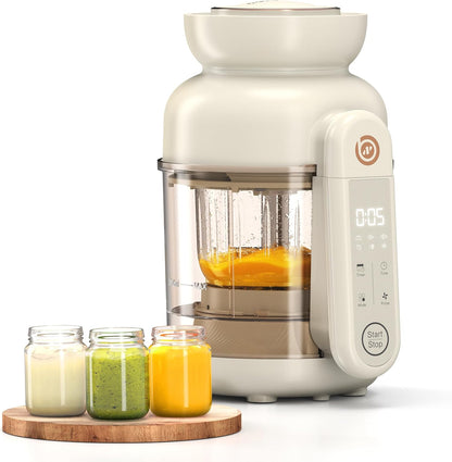 BABYNUTRI auto baby food maker front view ivory color showing digital touch screen display.