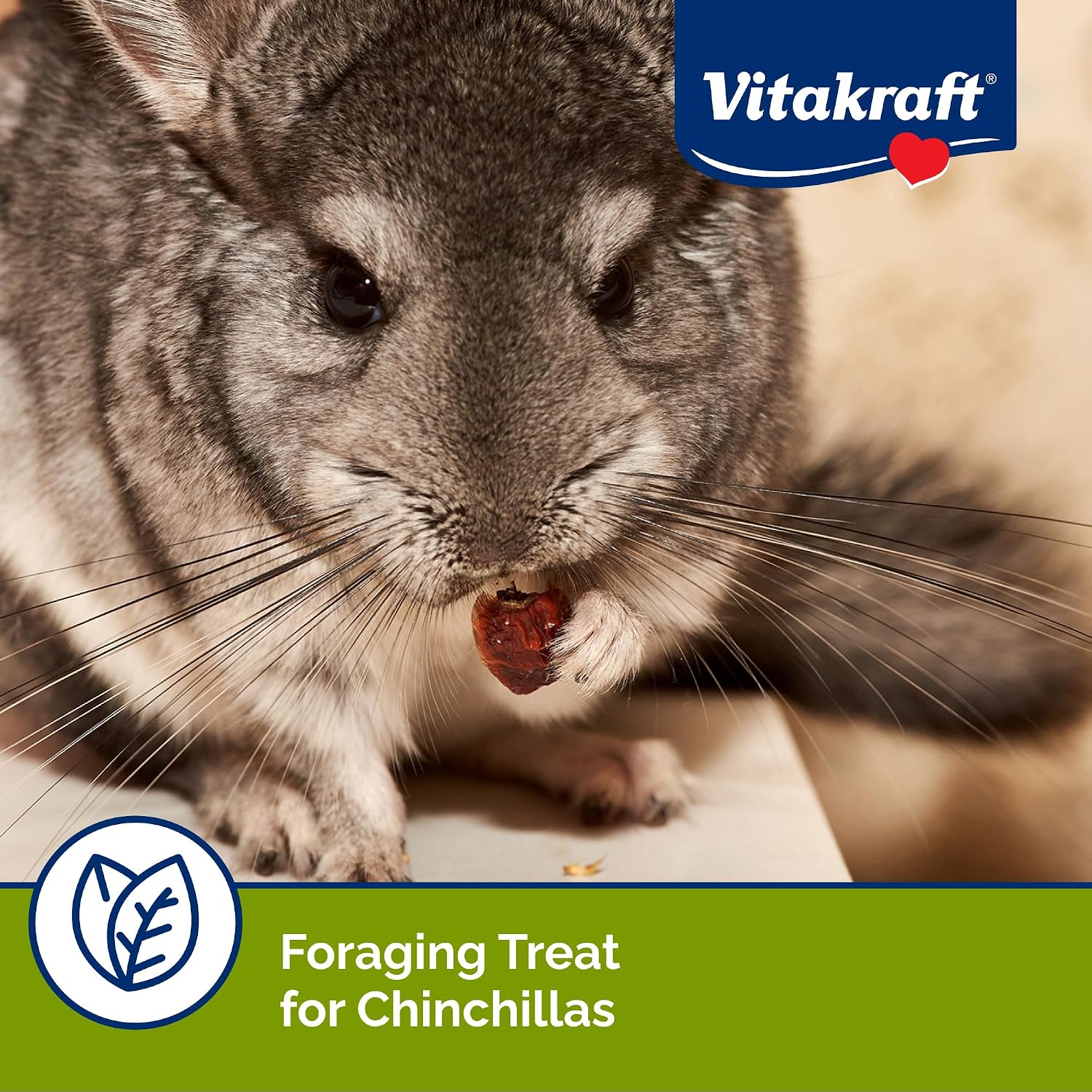 Back label of Vitakraft chinchilla snack showing feeding instructions and nutritional facts.