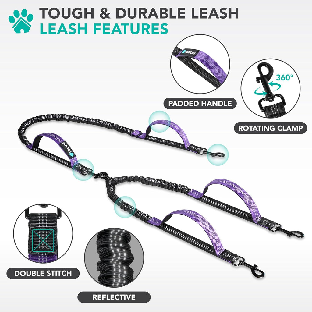 PetAmi hands free leash showing the purple shock absorbing elastic bungee sections extended.