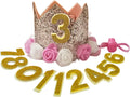 Posapet gold crown dog birthday hat front view with party decorations