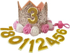 Posapet gold crown dog birthday hat front view with party decorations