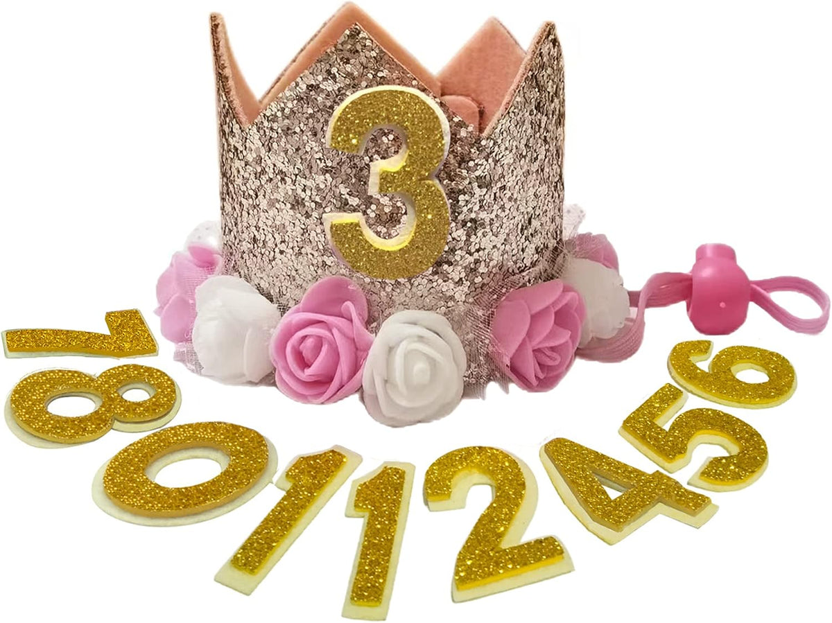 Posapet gold crown dog birthday hat front view with party decorations