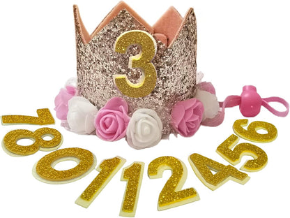 Posapet gold crown dog birthday hat front view with party decorations