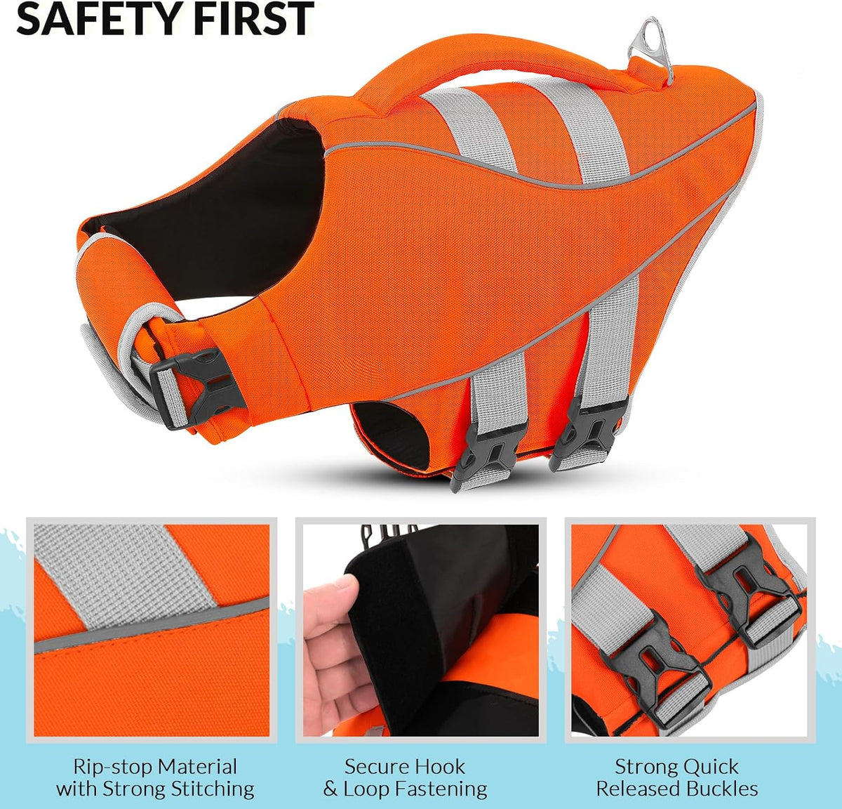 Queenmore pet floating vest side view showing adjustable nylon straps
