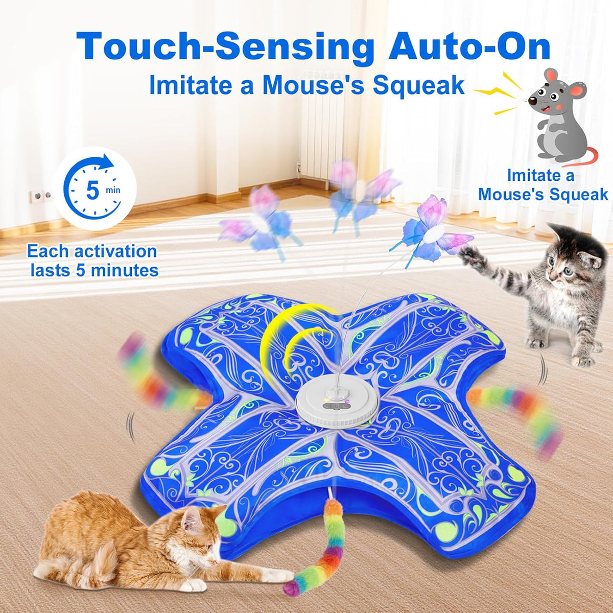 Qraxond hide and seek electronic cat toy side view highlighting the three speed indicator lights.