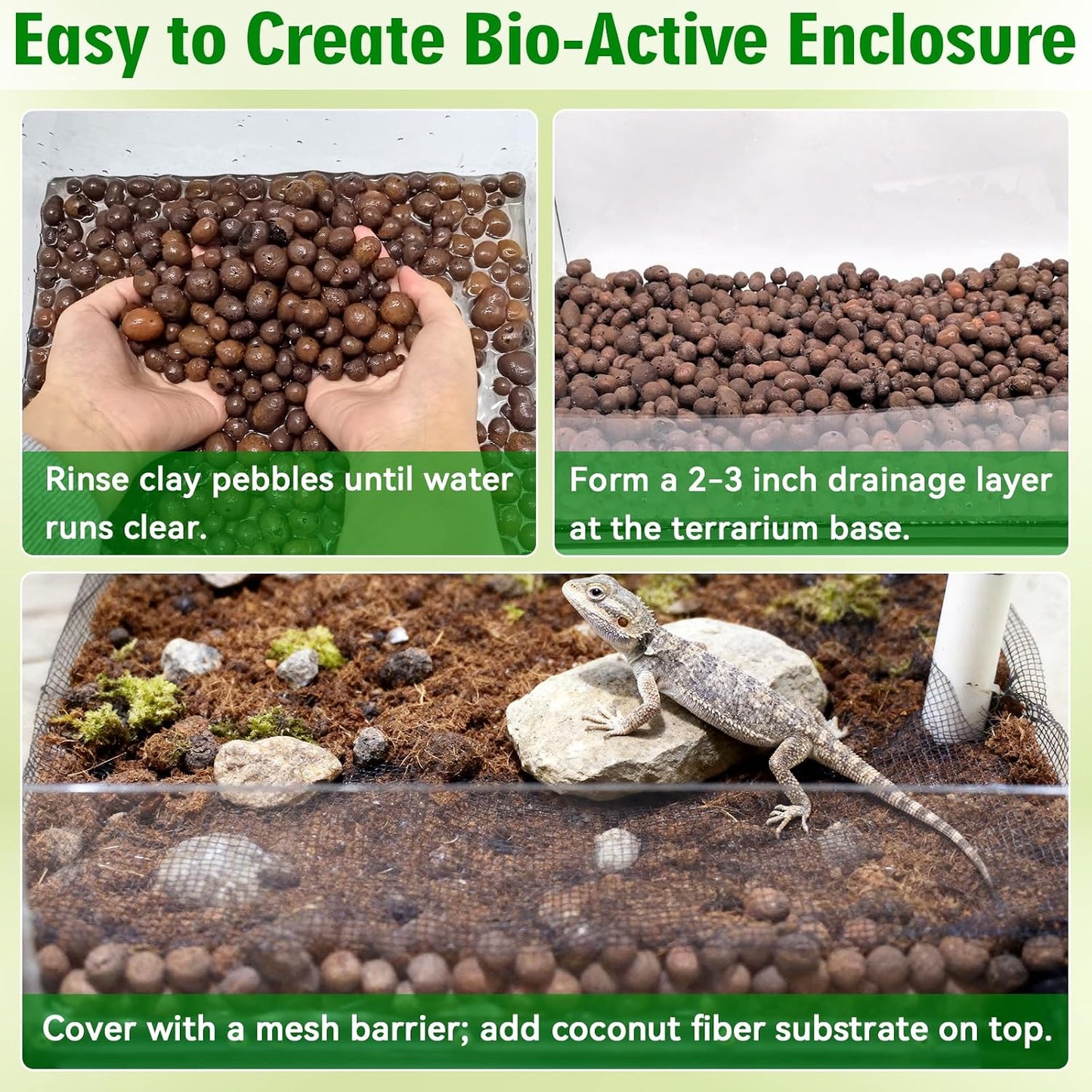 Terrarium base setup showing the installation of leca pebbles under a substrate barrier mesh.