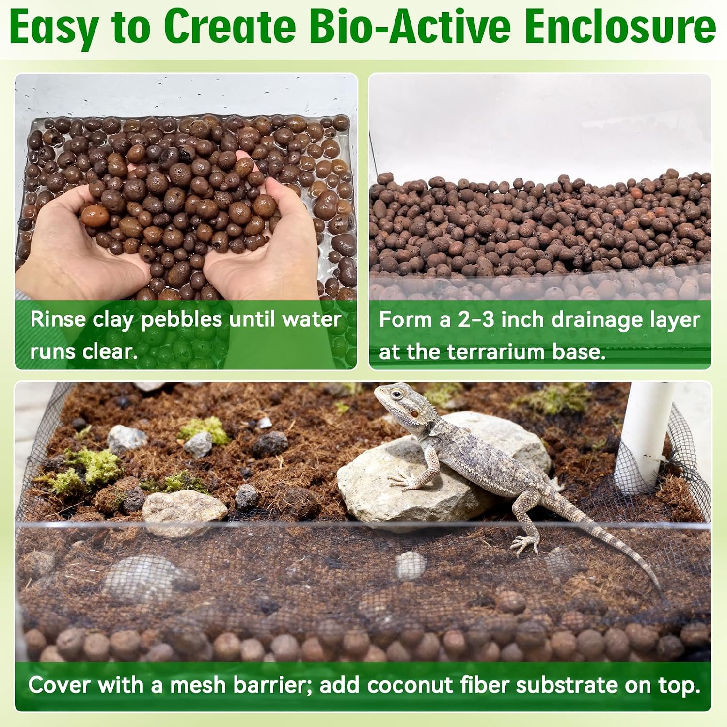 Terrarium base setup showing the installation of leca pebbles under a substrate barrier mesh.