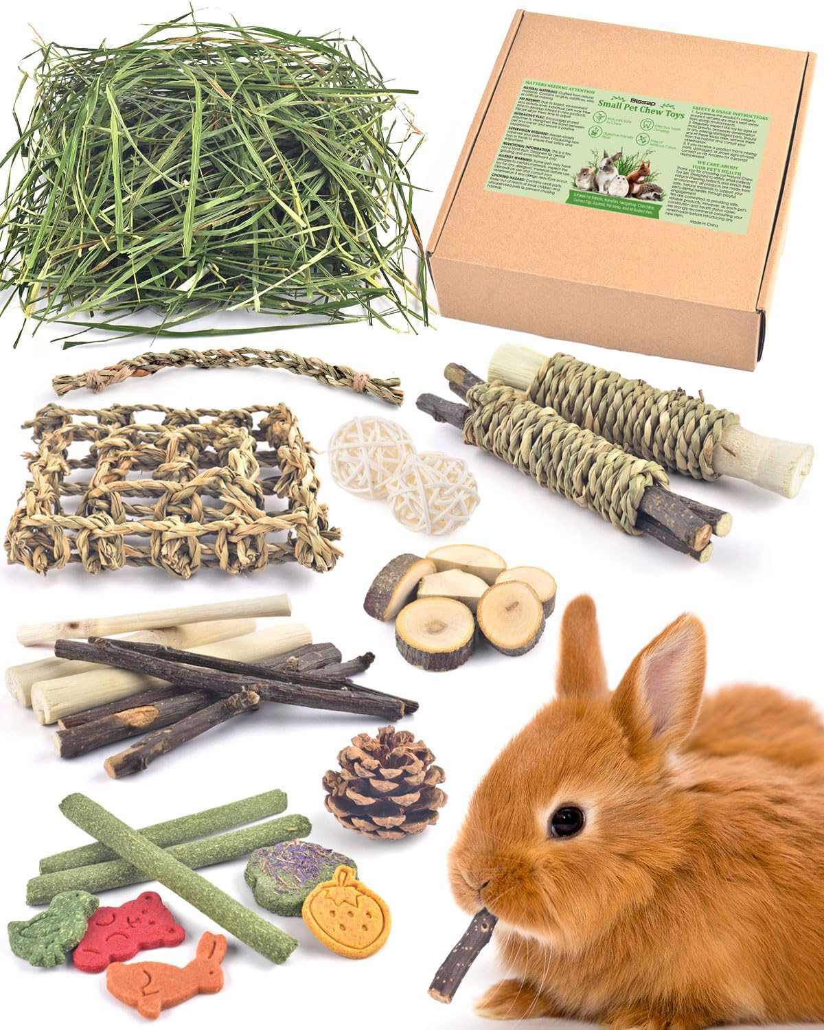 Assorted rabbit enrichment toys displayed openly to showcase textures