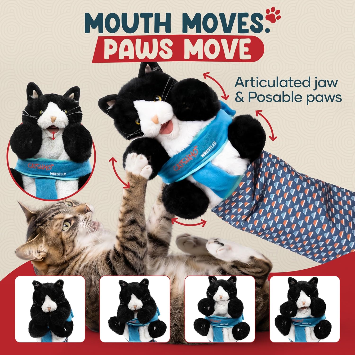 Plush hand puppet for cats with built-in discreet catnip pockets