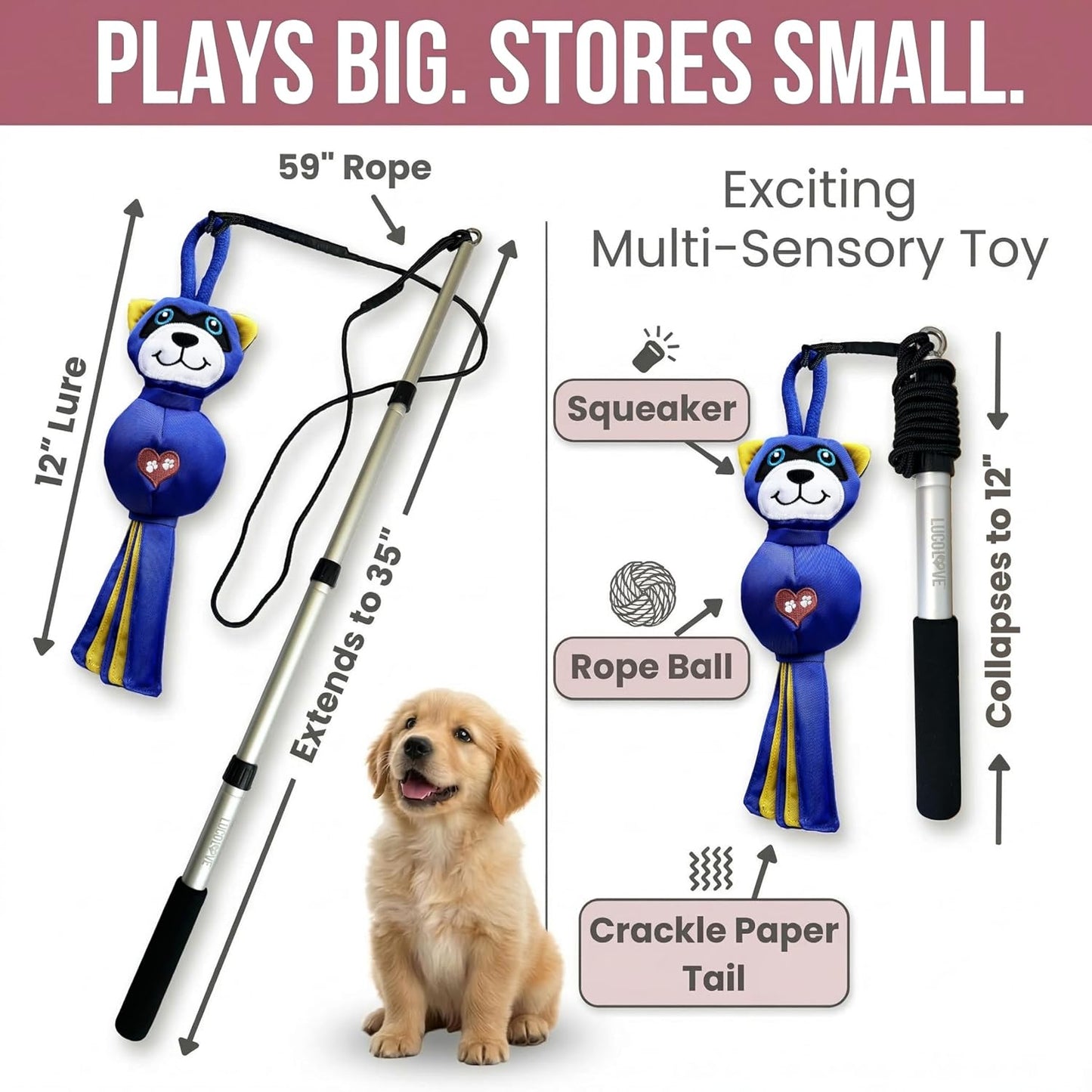 Lucolove dog flirt pole showing dual layer fabric raccoon toy close up details