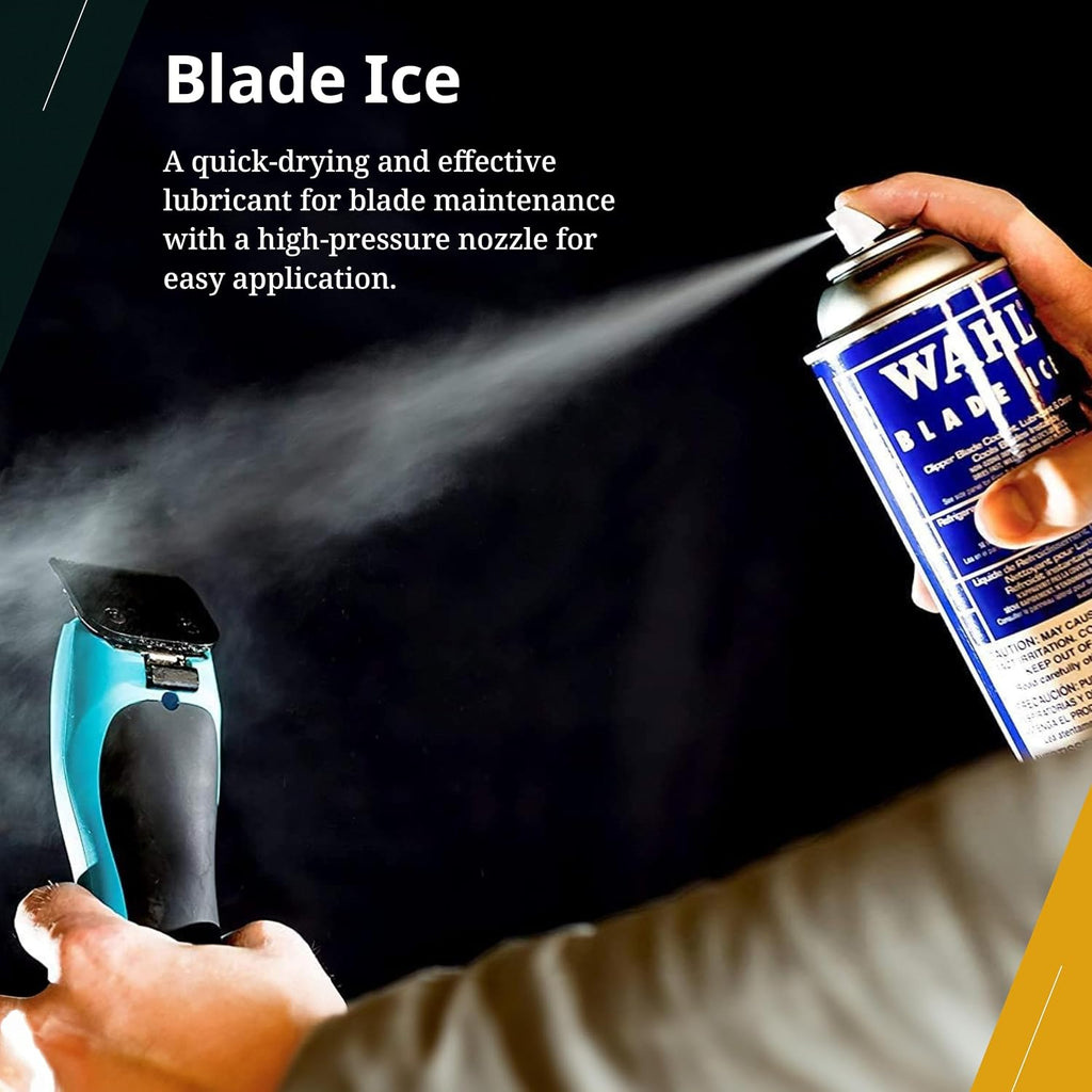 Wahl Professional three in one blade ice spray showing product ingredients and instructions on back packaging.