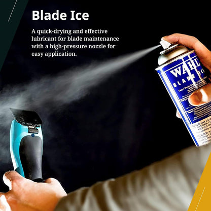 Wahl Professional three in one blade ice spray showing product ingredients and instructions on back packaging.