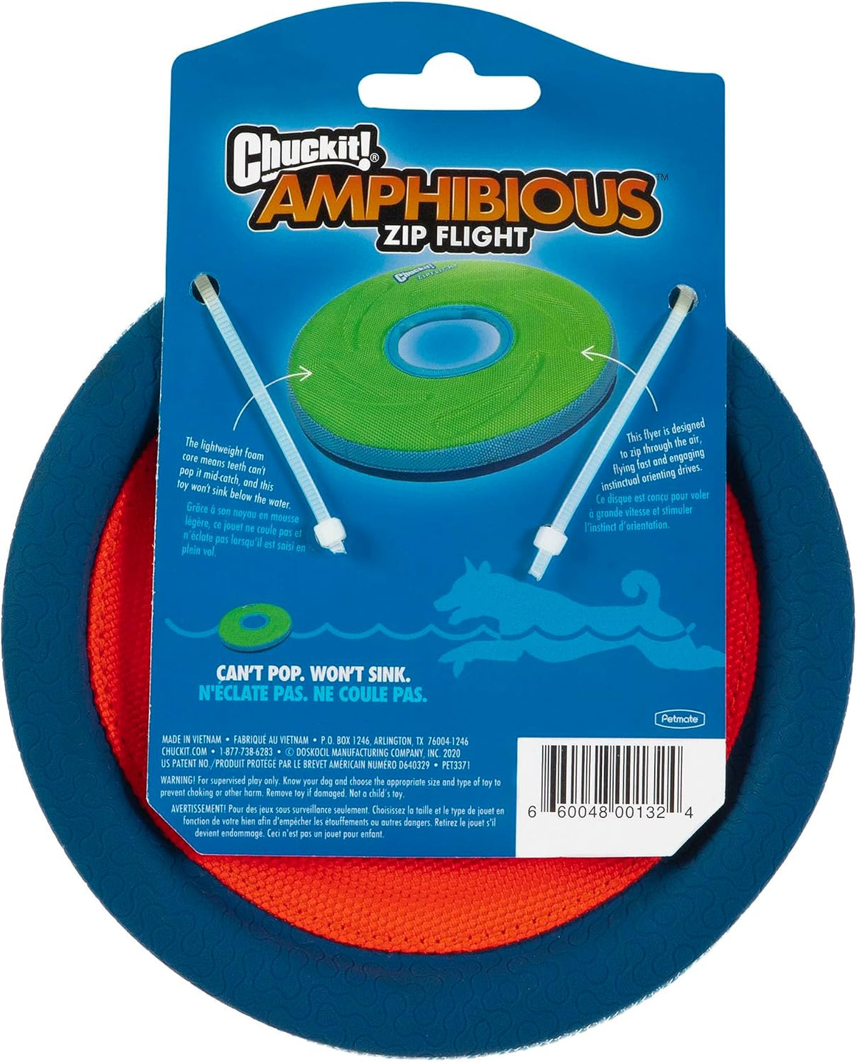 Chuckit! Zipflight dog toy floating on water surface