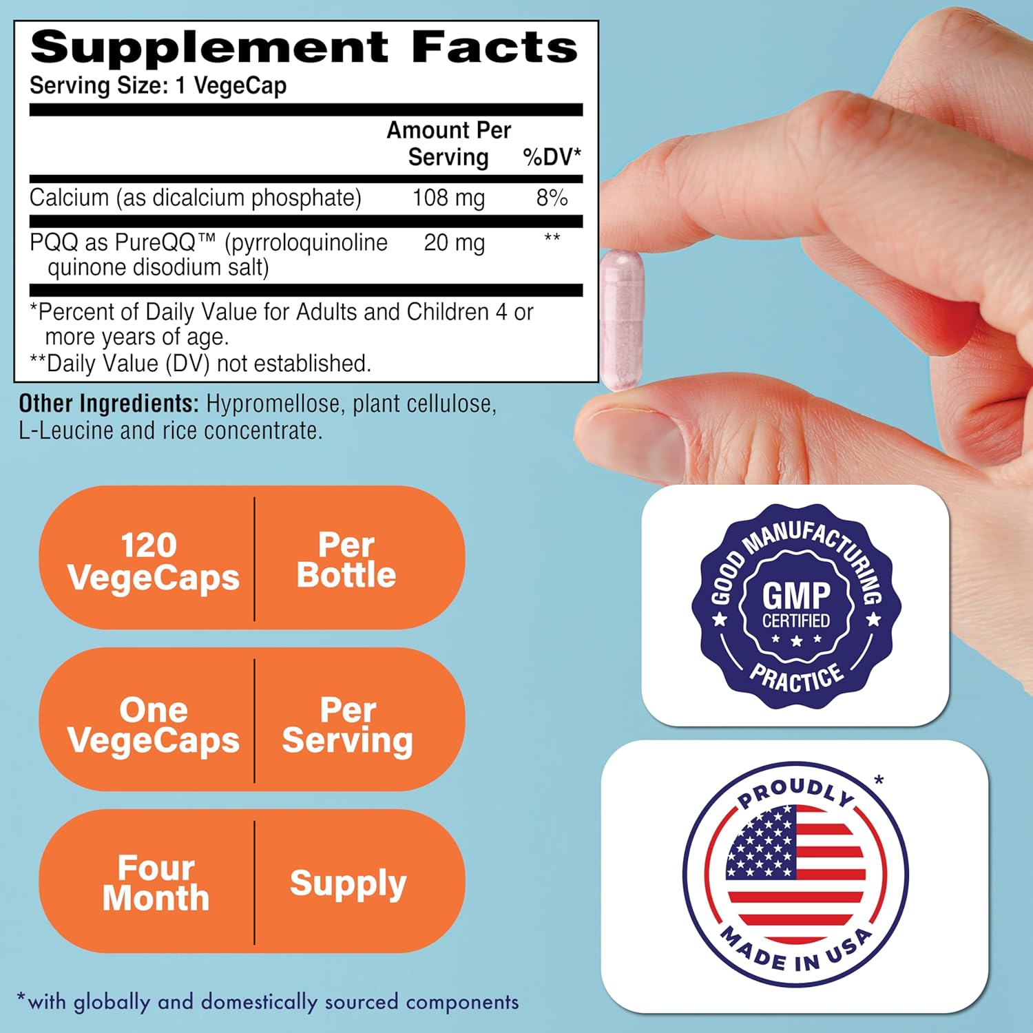 Side angle of Health Thru Nutrition Pyrroloquinoline Quinone bottle displaying PureQQ certification and vegan logos.