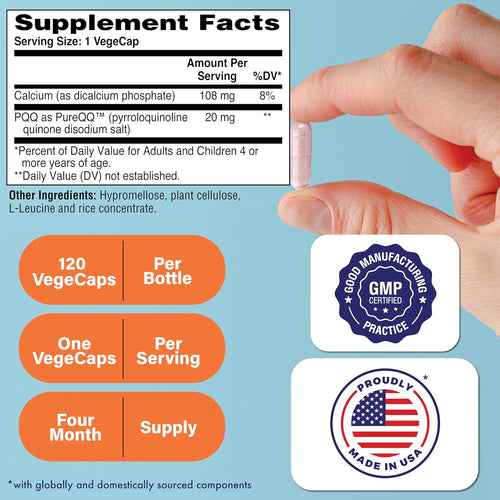 Side angle of Health Thru Nutrition Pyrroloquinoline Quinone bottle displaying PureQQ certification and vegan logos.