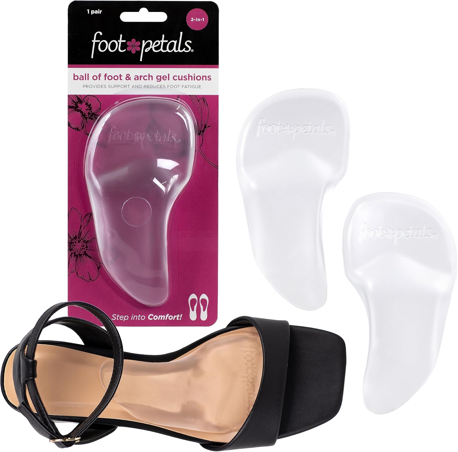 Foot Petals Arch and Ball of Foot Support Cushion front view showing clear gel design.