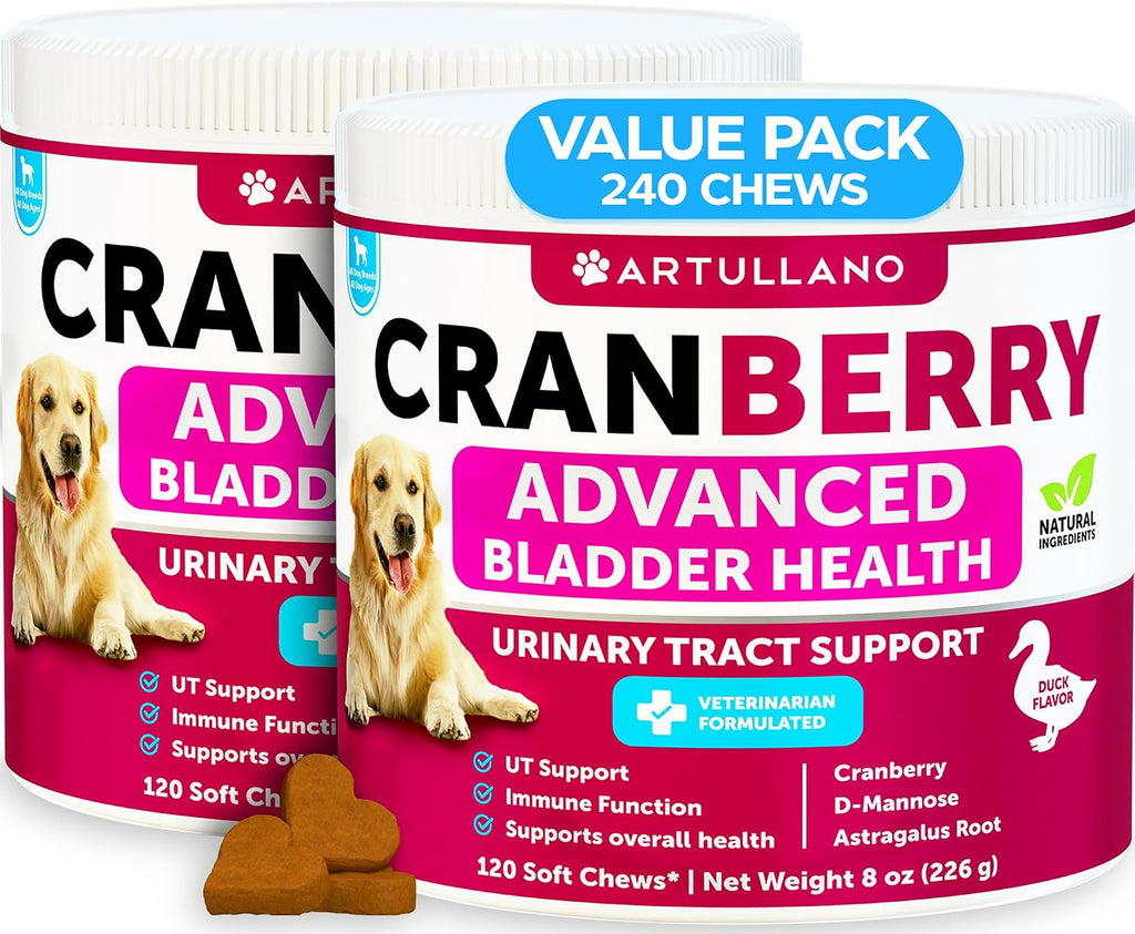 Artullano authentic USA imported daily bladder care chews for dogs on display.