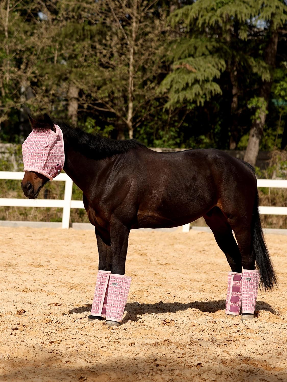 Tackmore pink print horse fly mask worn by horse