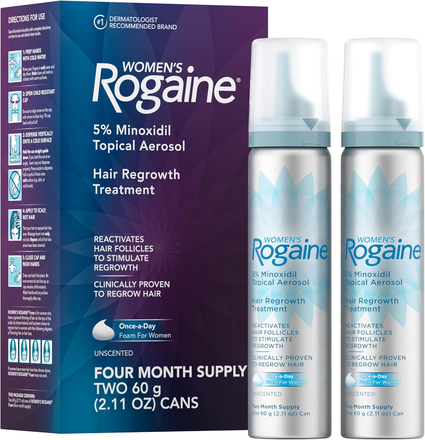Rogaine for Women 5 Percent Minoxidil Foam front packaging view showcasing hair loss treatment benefits