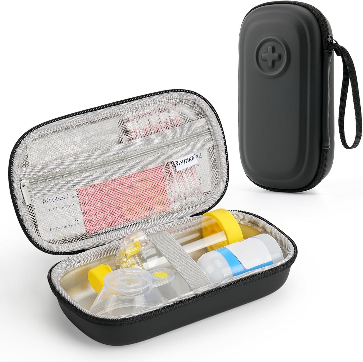 RAIACE asthma inhaler portable case front view showing the sleek black waterproof PU exterior structure.