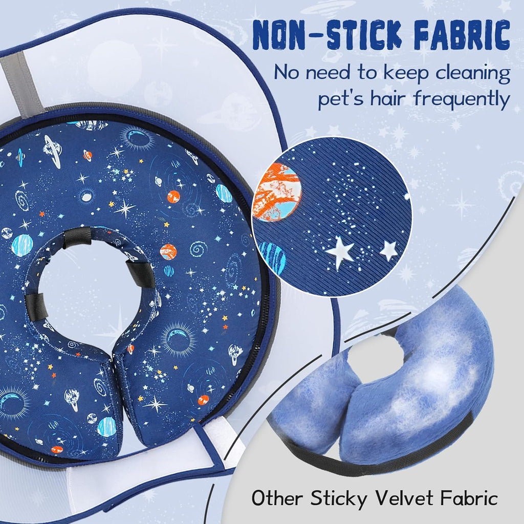 Inflatable pet neck pillow cone showing adjustable straps and non-stick fabric.