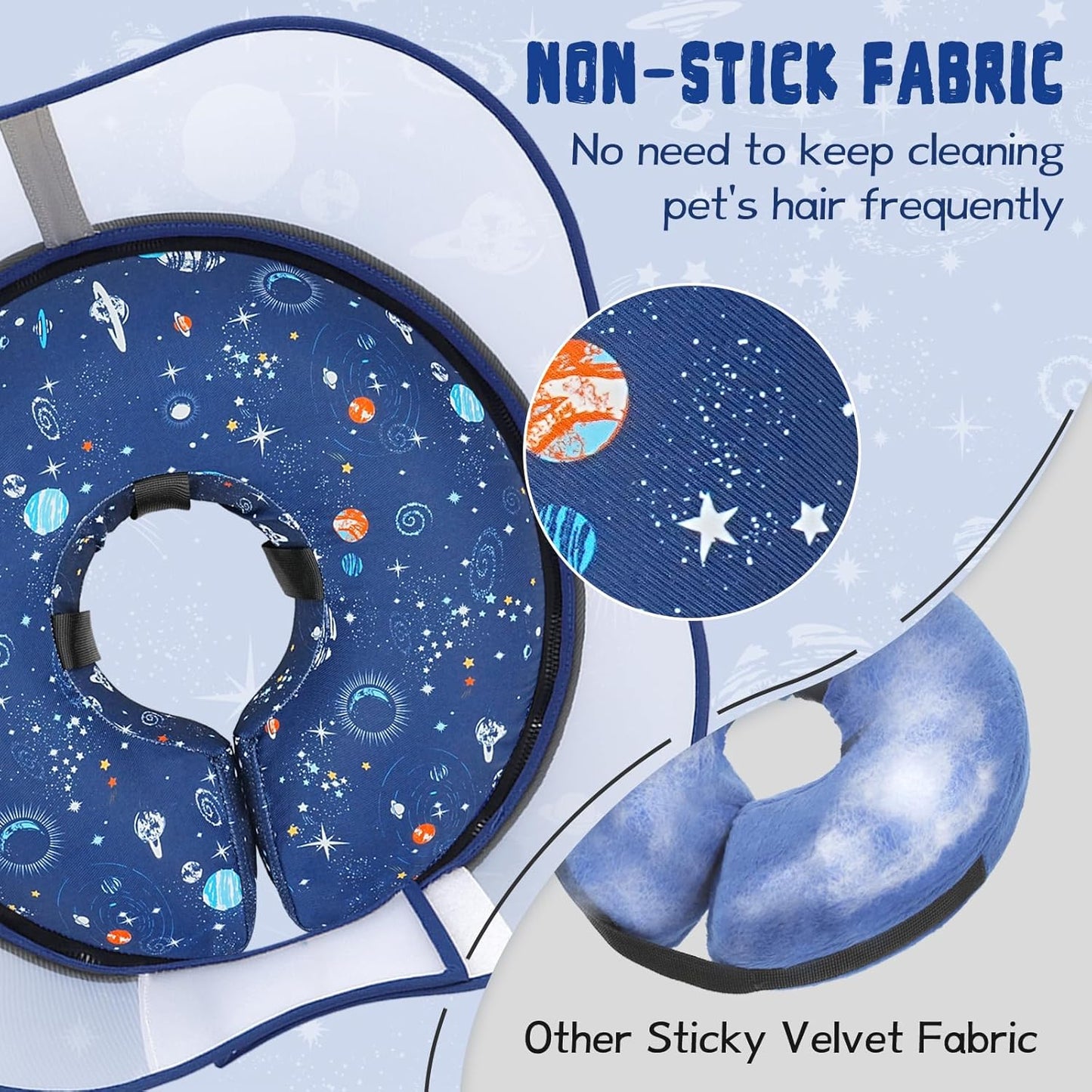 Inflatable pet neck pillow cone showing adjustable straps and non-stick fabric.