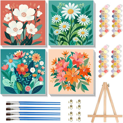 Cviokrdu 4 Pack Paint by Numbers Kit for Kids front packaging view showcasing the complete DIY floral art activity set.