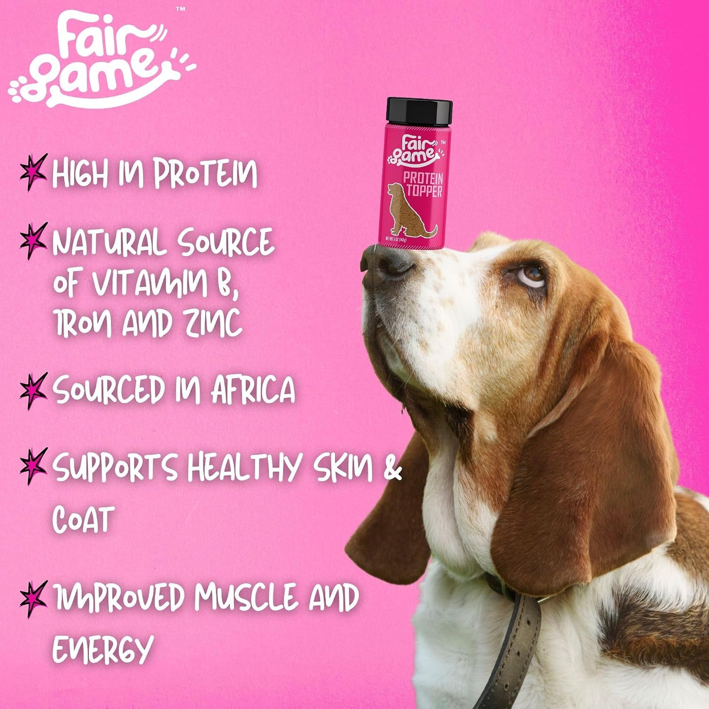 Air-dried hormone-free venison dust supplement for hypoallergenic dogs showing ingredients list.
