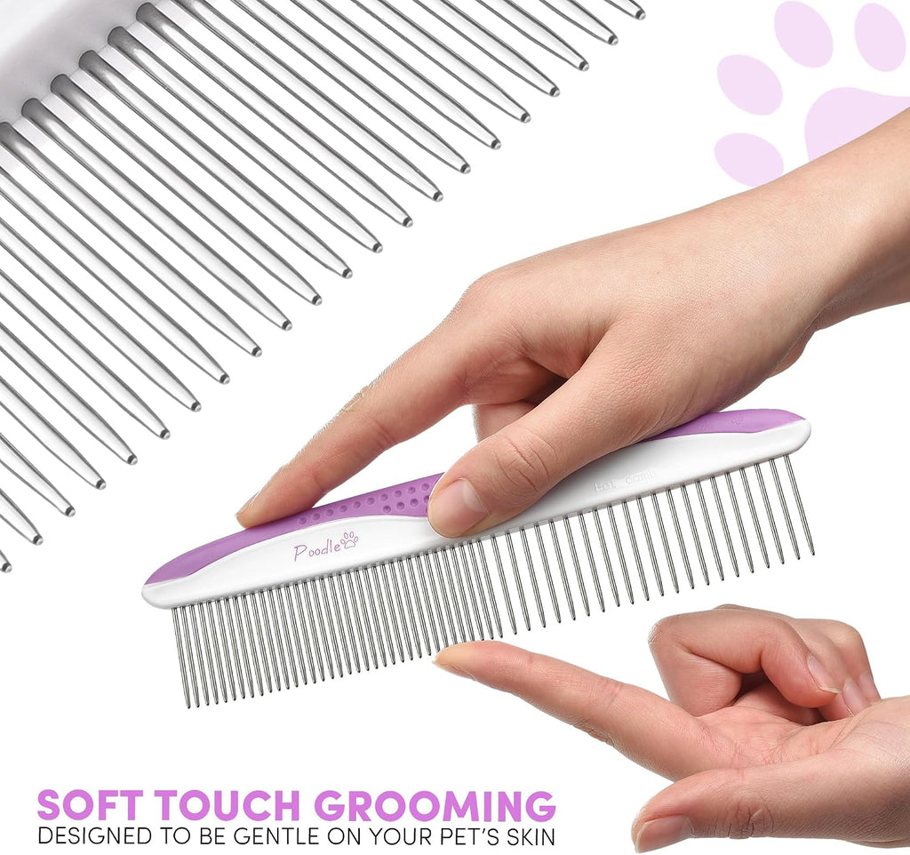 Ergonomic anti slip handle with raised bumps on the purple POODLIE dog detangling tool