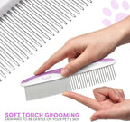 Ergonomic anti slip handle with raised bumps on the purple POODLIE dog detangling tool