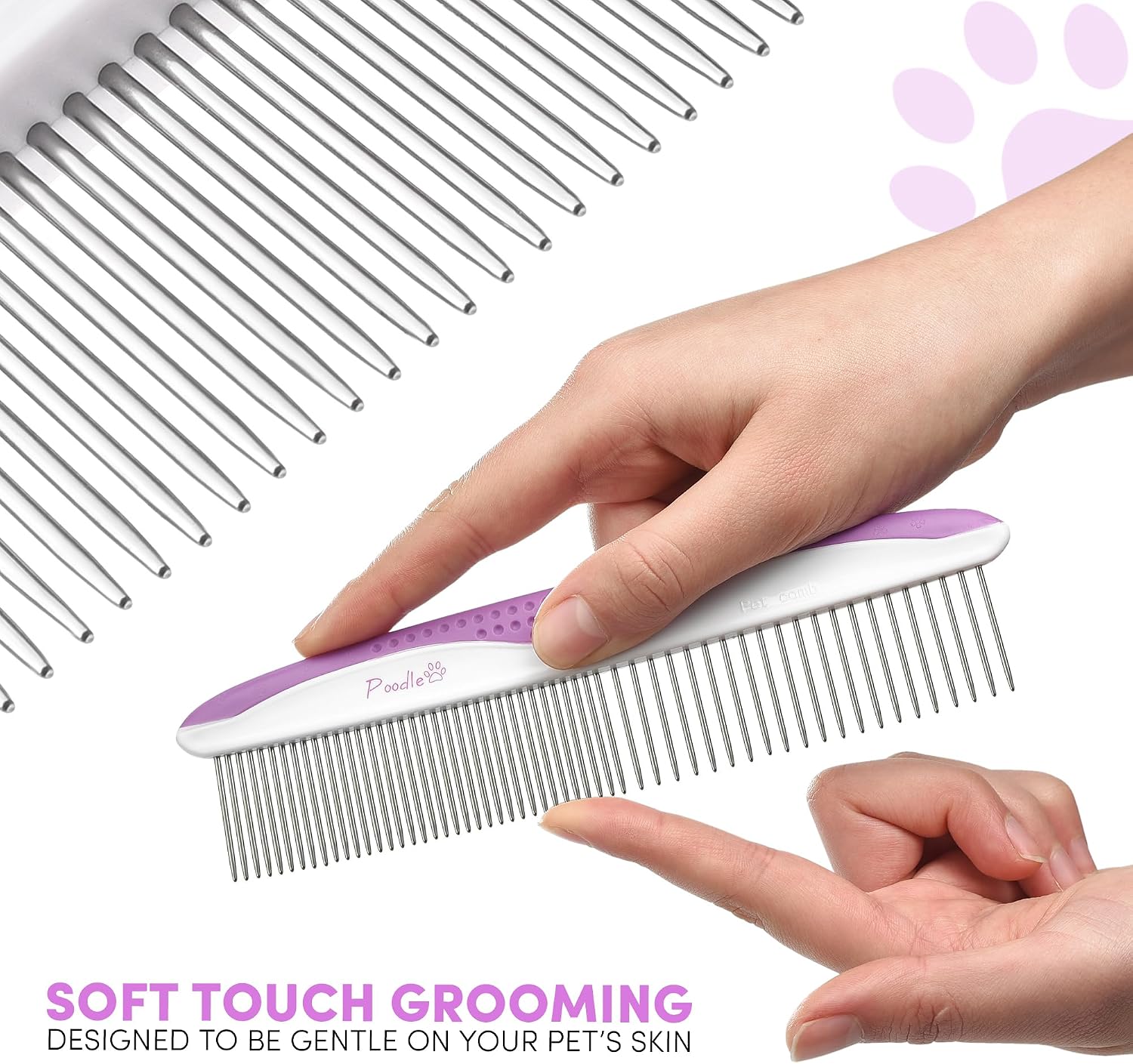 Ergonomic anti slip handle with raised bumps on the purple POODLIE dog detangling tool