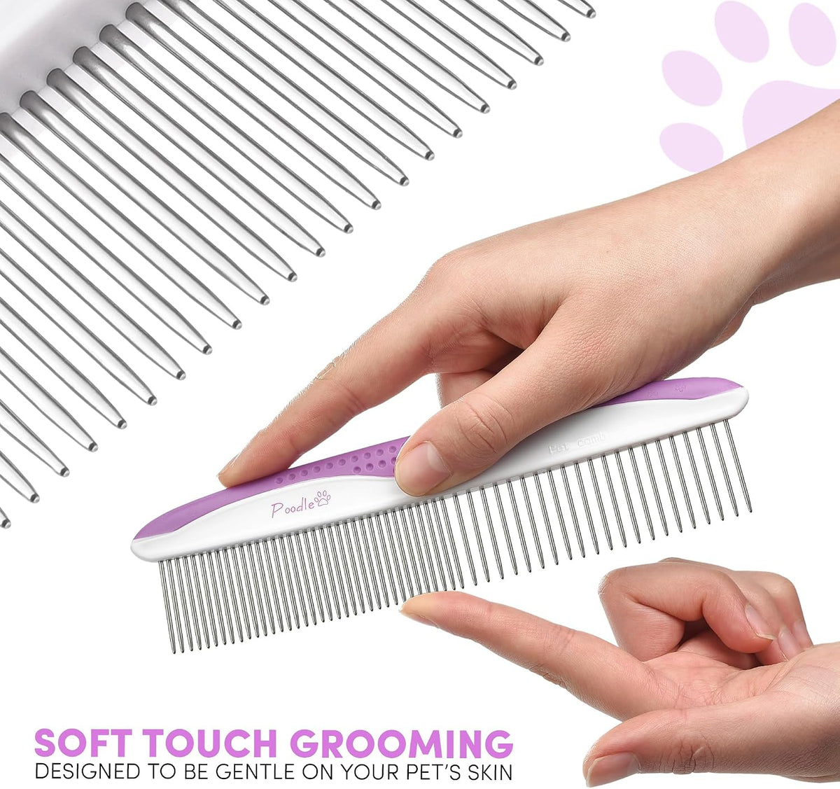 Ergonomic anti slip handle with raised bumps on the purple POODLIE dog detangling tool